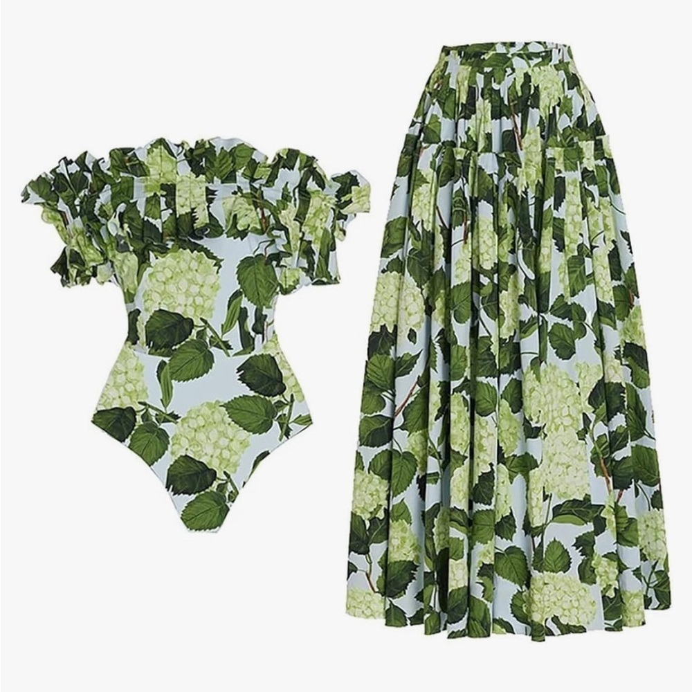 Off-Brand Green Hydrangea Print Women’s Swim One-Piece with Ruffle